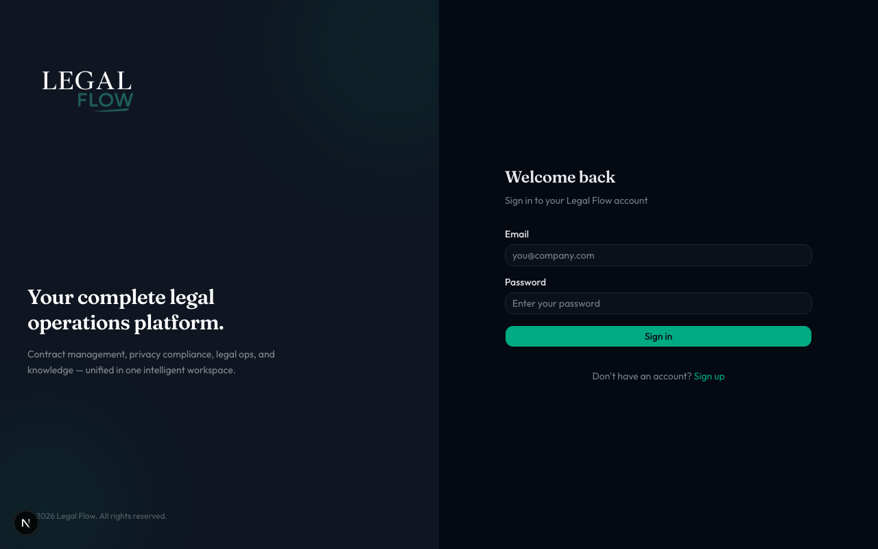 Legal Flow login page in dark mode with split-panel layout