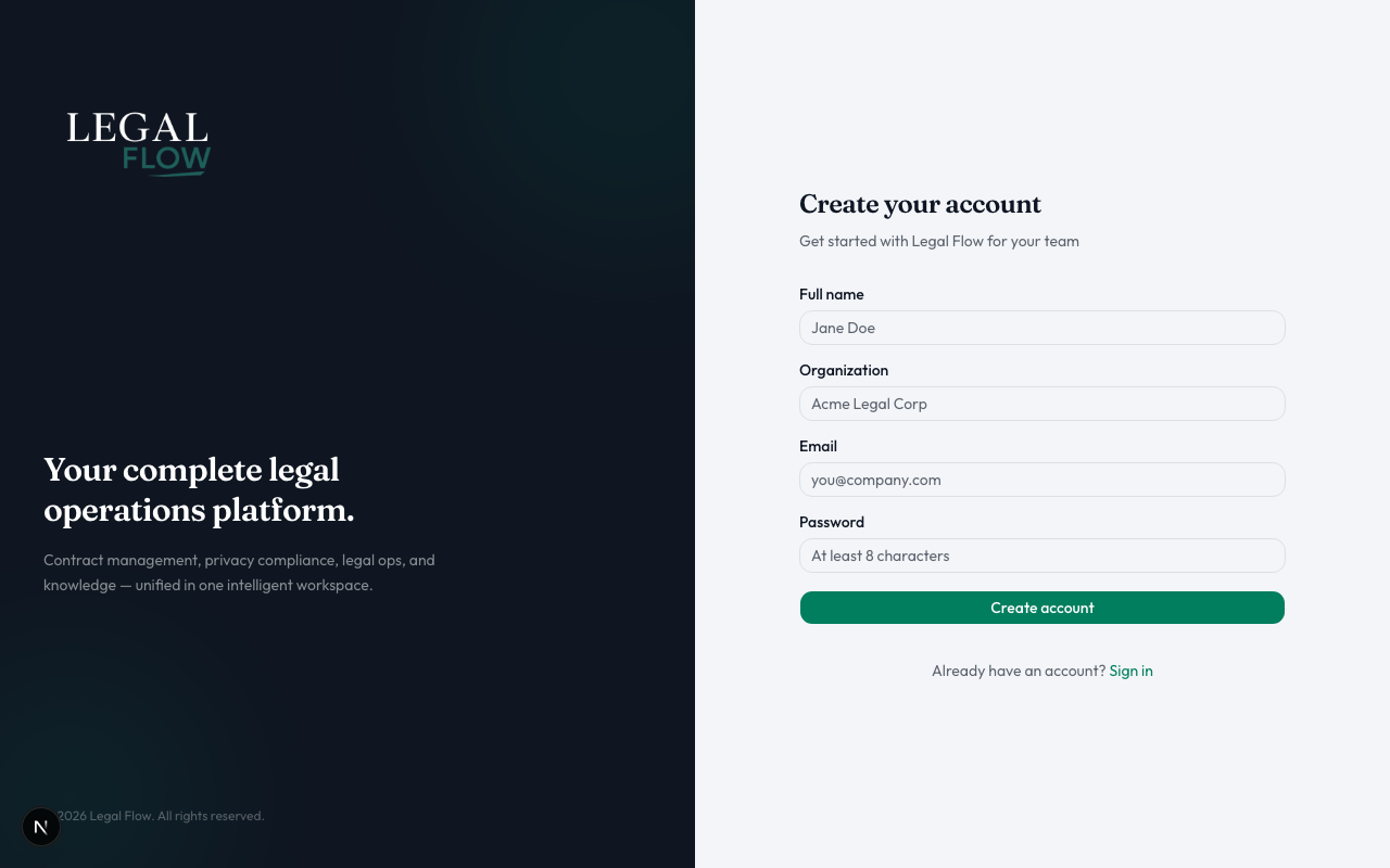 Legal Flow signup page with organization name, full name, email, and password fields
