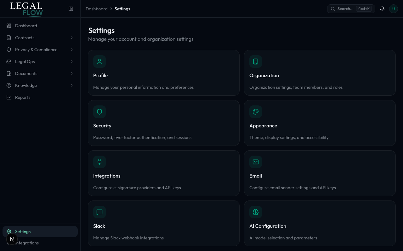 Legal Flow settings page showing organization configuration options
