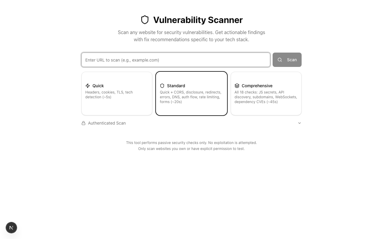 Vulnerability Scanner homepage showing URL input field and three scan depth options