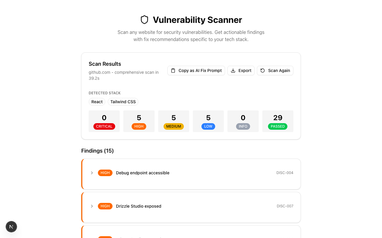 Scan results showing severity badges, tech stack detection, and export buttons