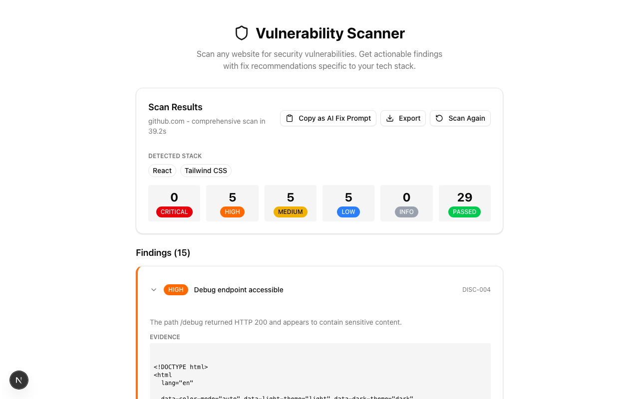 Expanded finding with description, evidence, risk, and fix recommendation