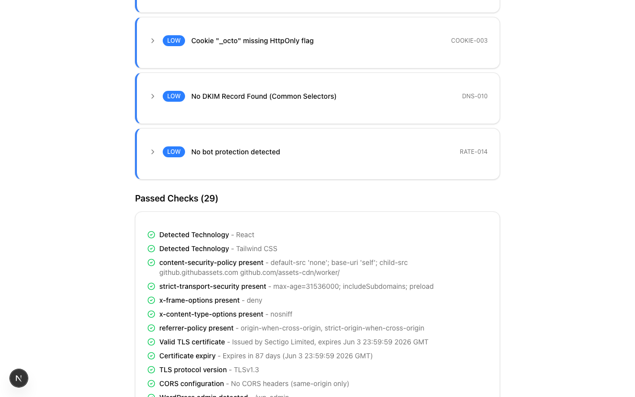Passed Checks section showing green checkmarks for security validations